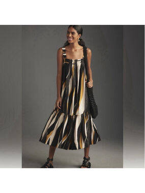 ANTHROPOLOGIE NWOT Square-Neck Waistless Midi Dress Black Motif Abstract Small